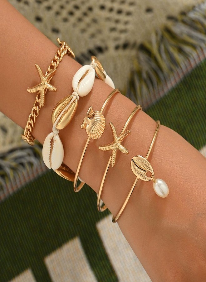 TACBSP Gold Shell Starfish Bracelet for Women Seashell Pearl Stack Bracelet Boho Starfish Beach Cuff Bracelets Trendy Summer Surfer Ocean Beach Jewelry Gift (5Pcs) - Image 2
